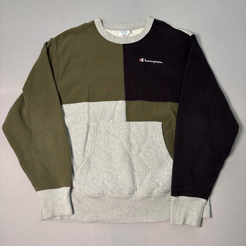 Champion Reverse Weave Colorblock Sweatshirt Mens Large Olive Grey Black S3369